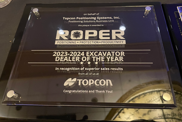 roper-laser-topcon-plaque Roper Awarded 2023-2024 Excavator Dealer of the Year by Topcon - Roper Laser - Positioning, Protection, Productivity